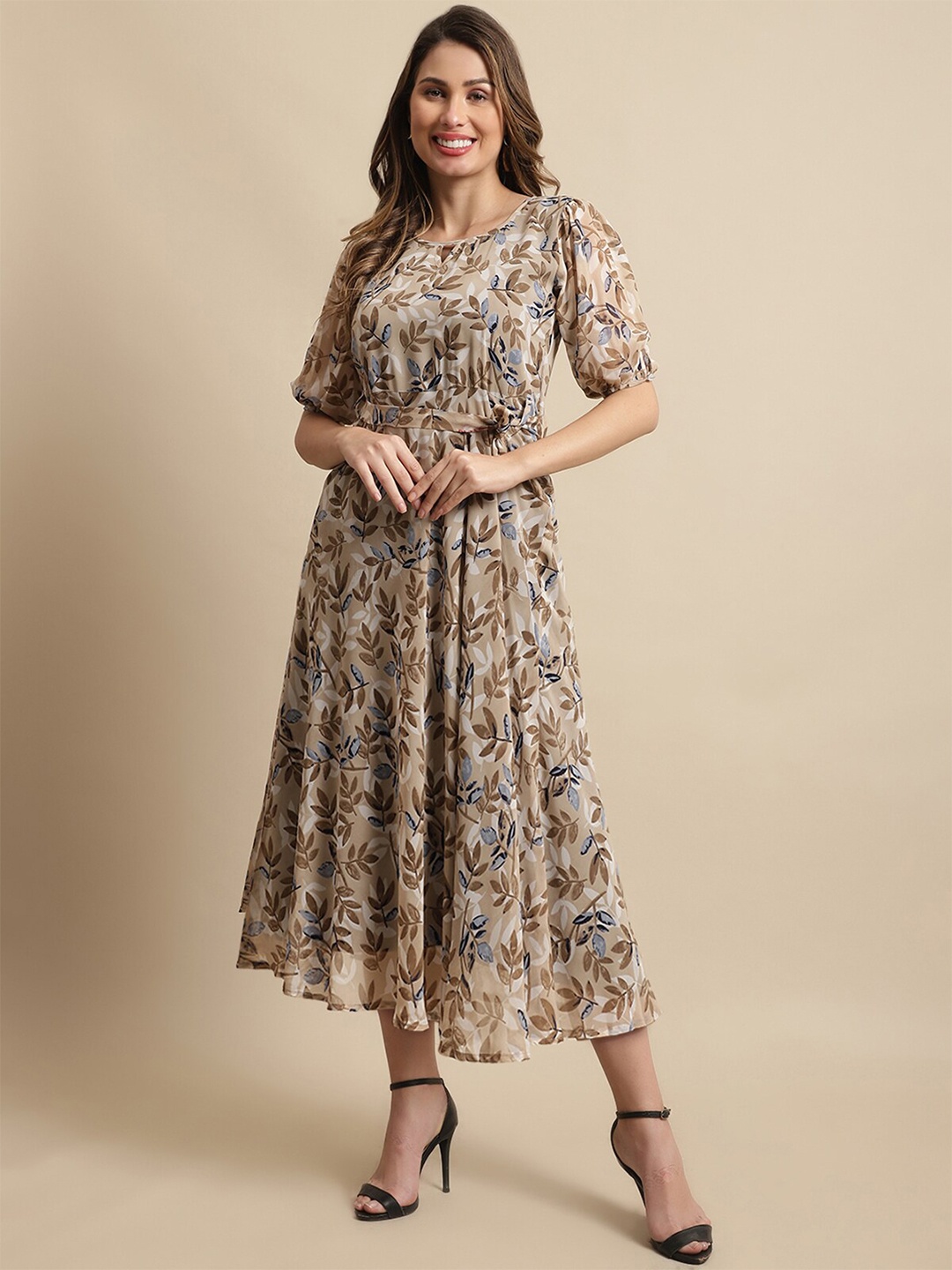 

BAESD Floral Printed Georgette A-Line Midi Dress, Brown