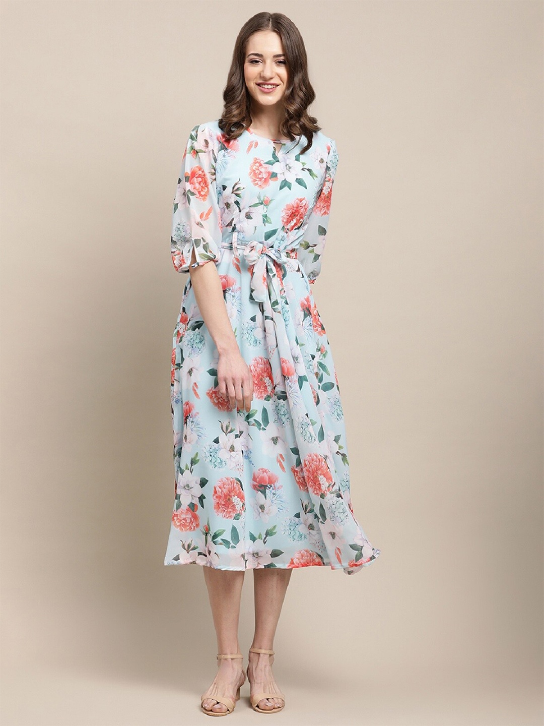 

BAESD Floral Printed Georgette Fit & Flare Midi Dress, Turquoise blue