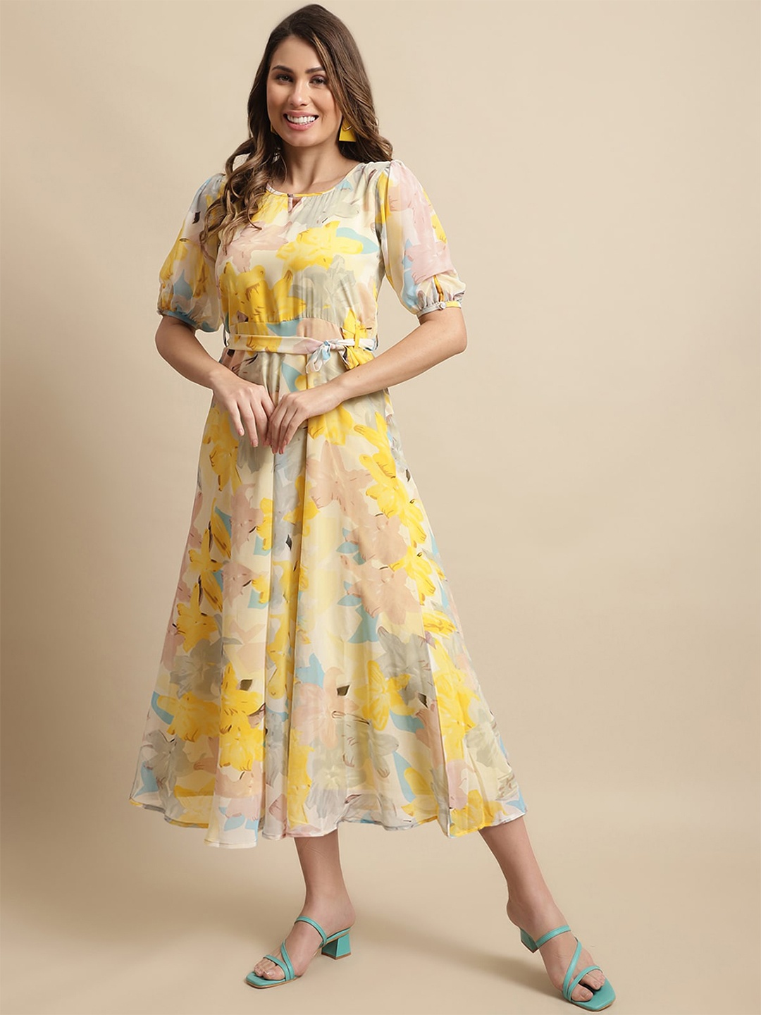 

BAESD Floral Print Georgette A-Line Midi Dress, Yellow