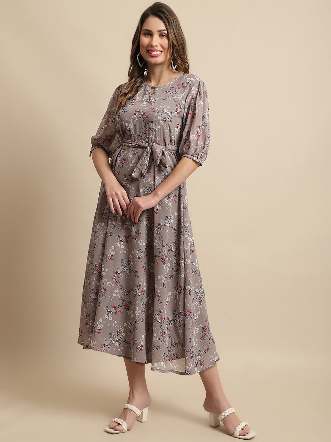 

BAESD Floral Print Georgette Empire Midi Dress, Grey