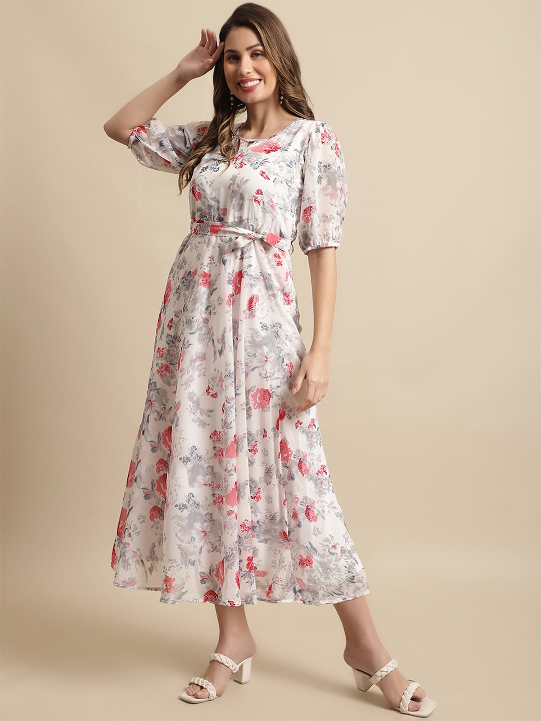 

BAESD Floral Print Puff Sleeve Georgette Maxi Midi Dress, White