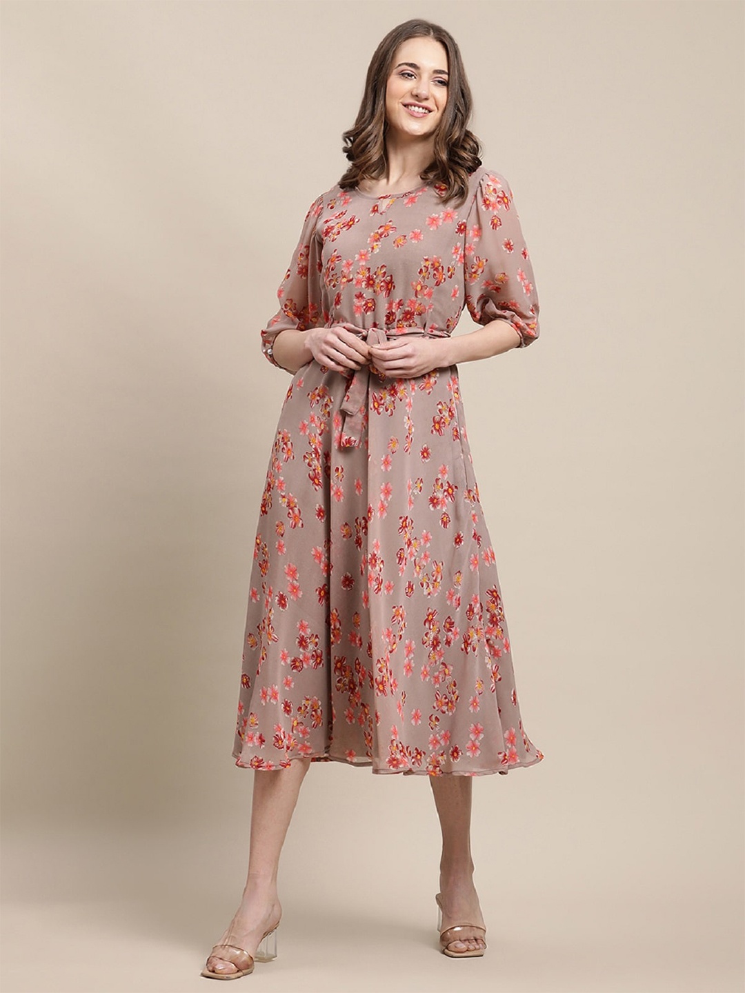 

BAESD Floral Printed Keyhole Neck Puff Sleeves A-Line Maxi Dress, Brown