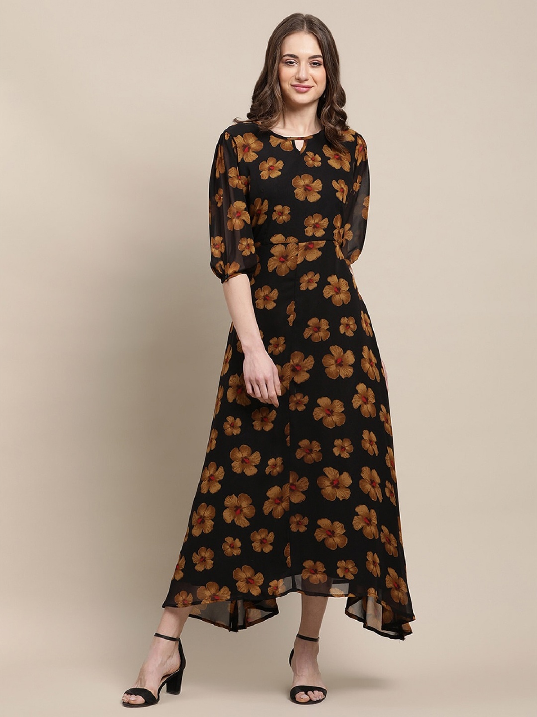 

BAESD Floral Print Puff Sleeve Georgette Maxi Dress, Black
