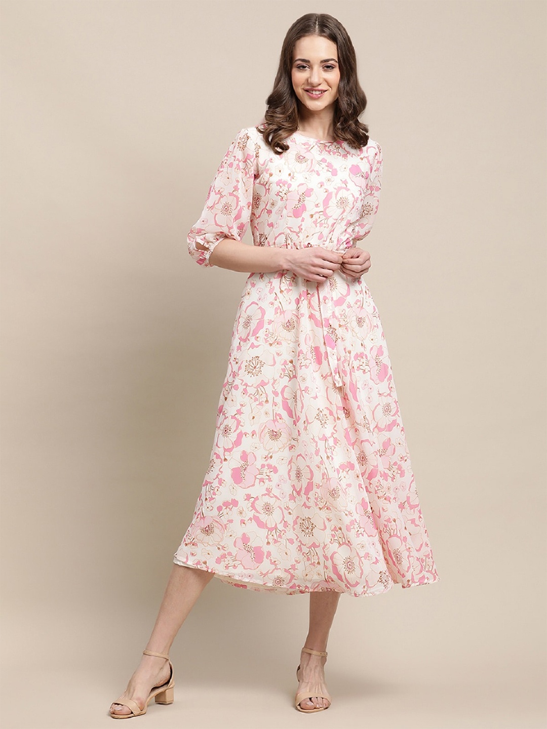 

BAESD Floral Print Georgette A-Line Midi Dress, White
