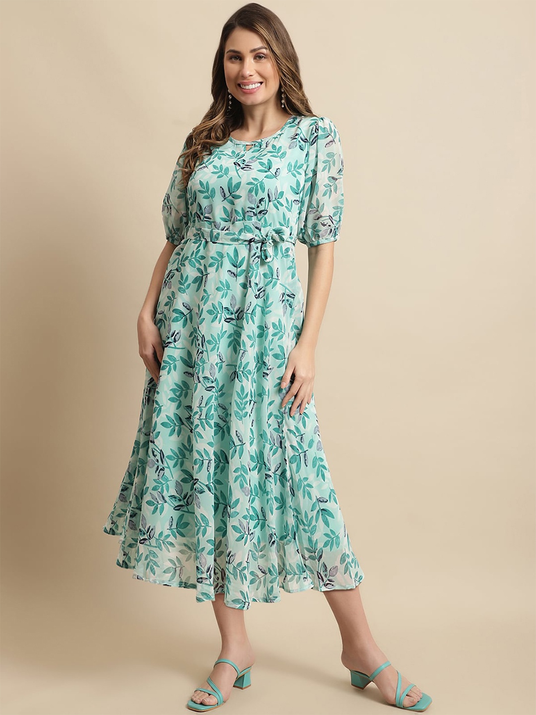 BAESD Floral Printed Puff Sleeve Gathred Or Pleated A-Line Midi Dress, Blue