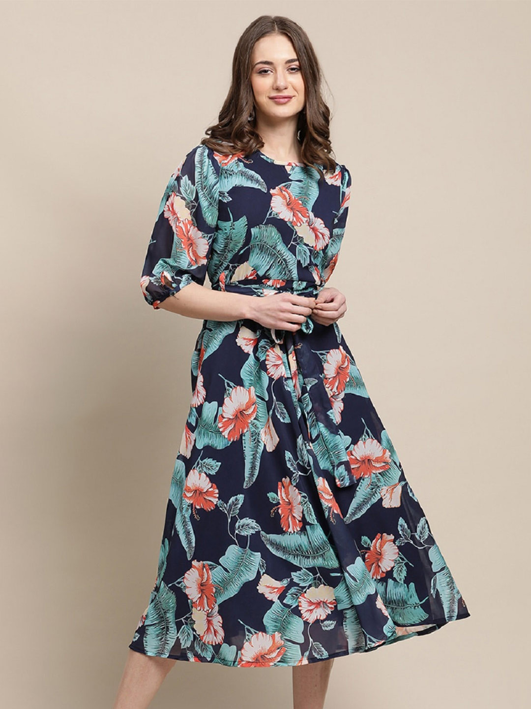 

BAESD Floral Print Georgette A-Line Midi Dress, Blue