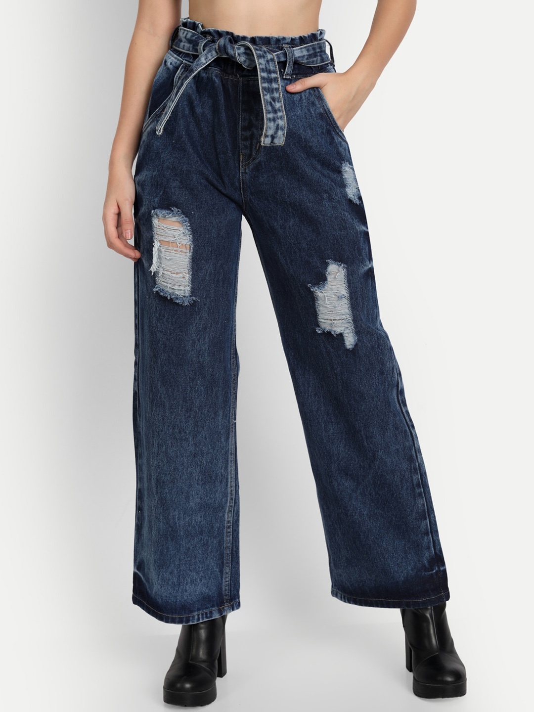 

BAESD Women Jean Wide Leg Mildly Distressed Light Fade Cotton Jeans Comes With Belt, Navy blue