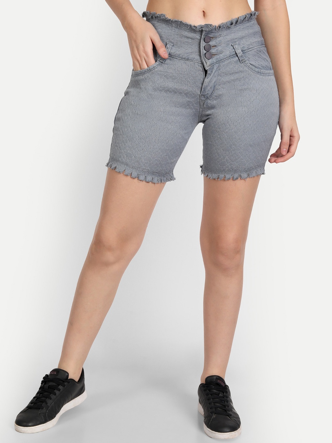 

BAESD Women Self-Design Mid-Rise Denim Shorts, Grey