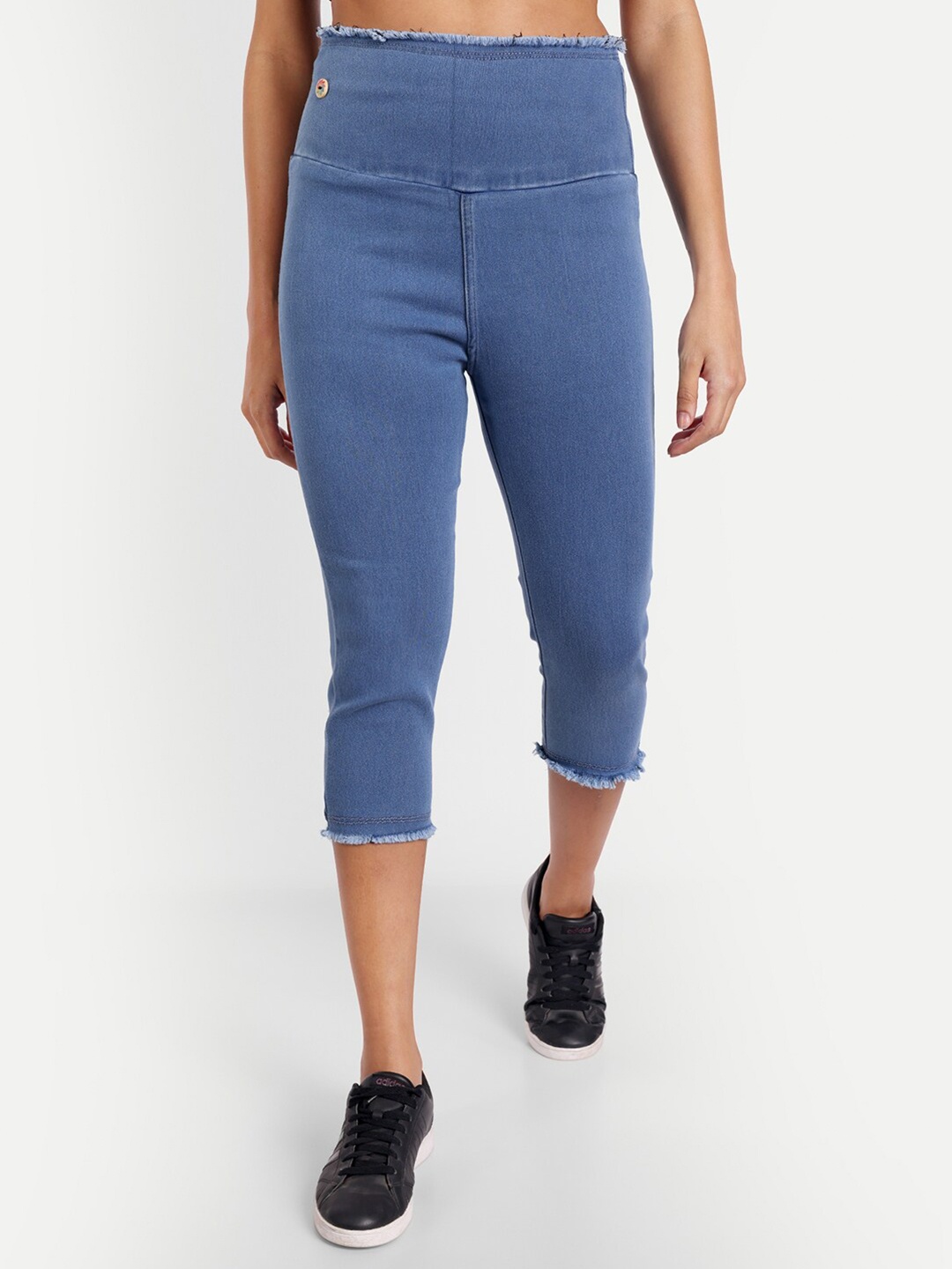 

AngelFab Women High-Rise Distressed Denim Capris, Blue