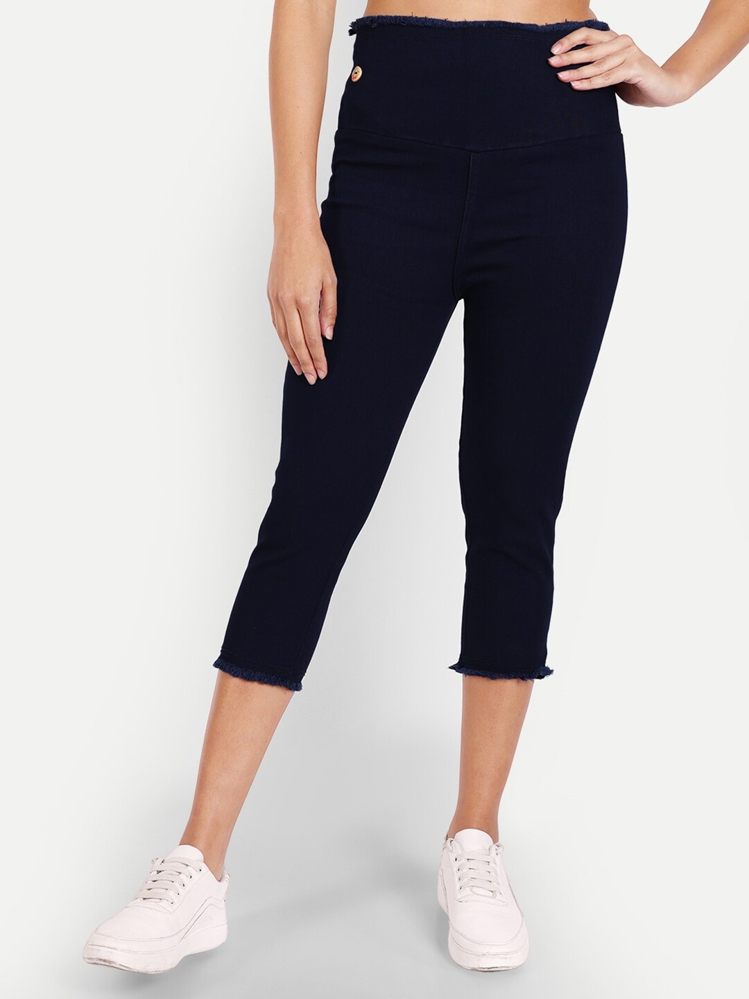 

AngelFab Women High-Rise Distressed Denim Capris, Navy blue