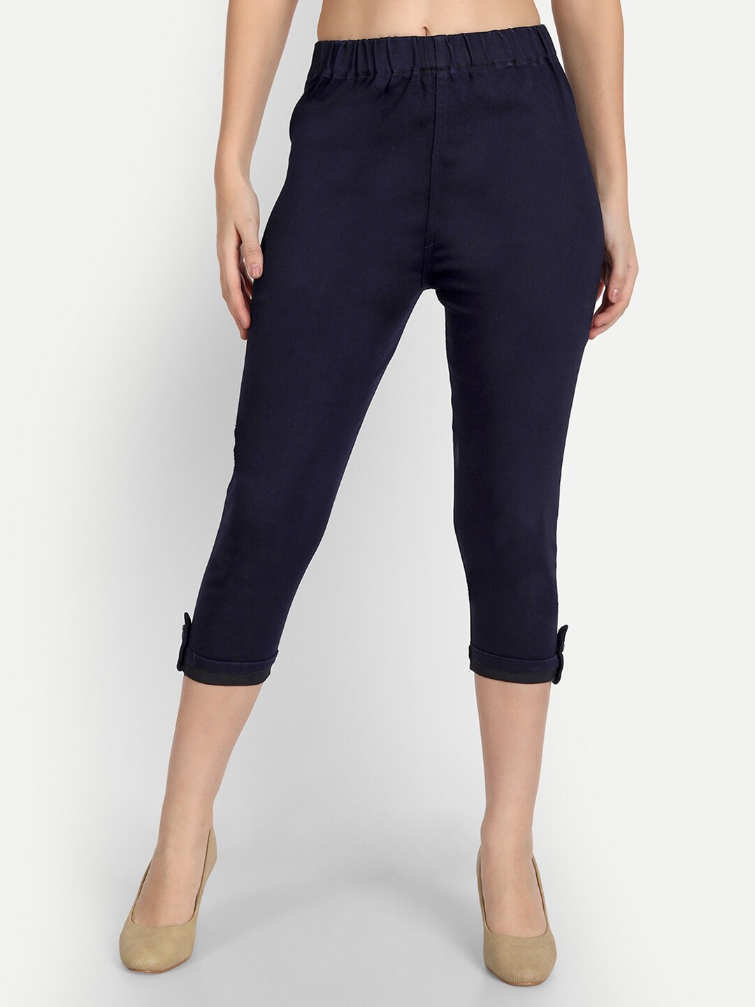 

AngelFab Women High-Rise Denim Capris, Navy blue