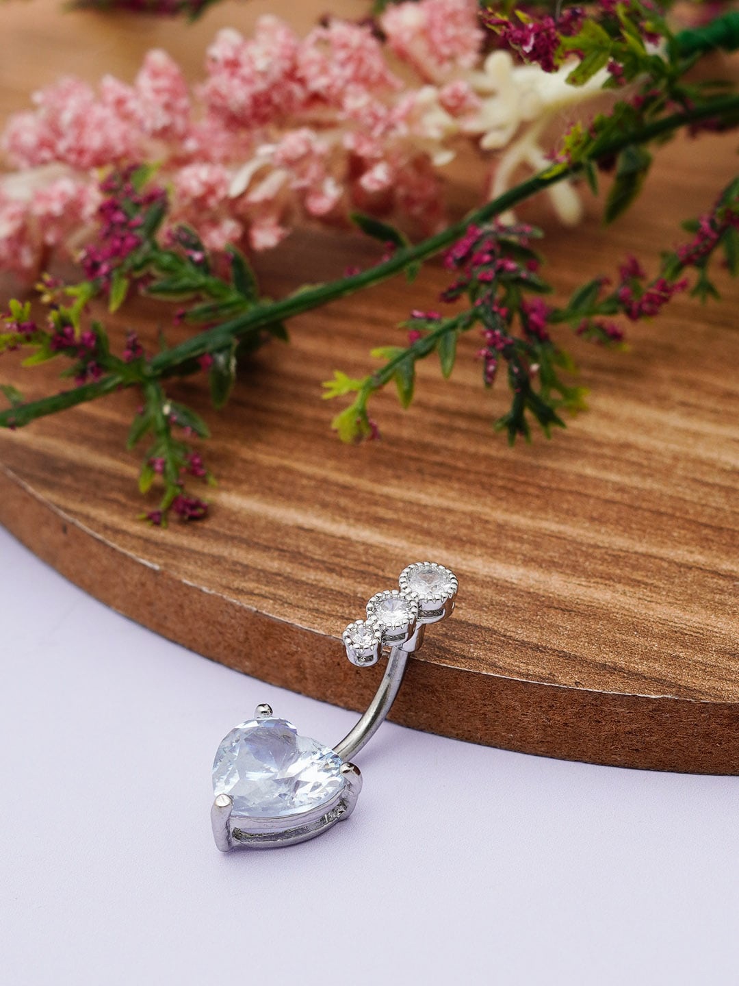 

Ferosh Silver-Plated Crystal Heart Bar Bell Belly Button Ring