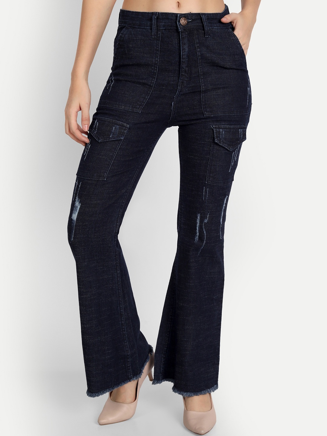 

AngelFab Women Mid-Rise Mildly Distressed Cotton Bootcut Jeans, Blue