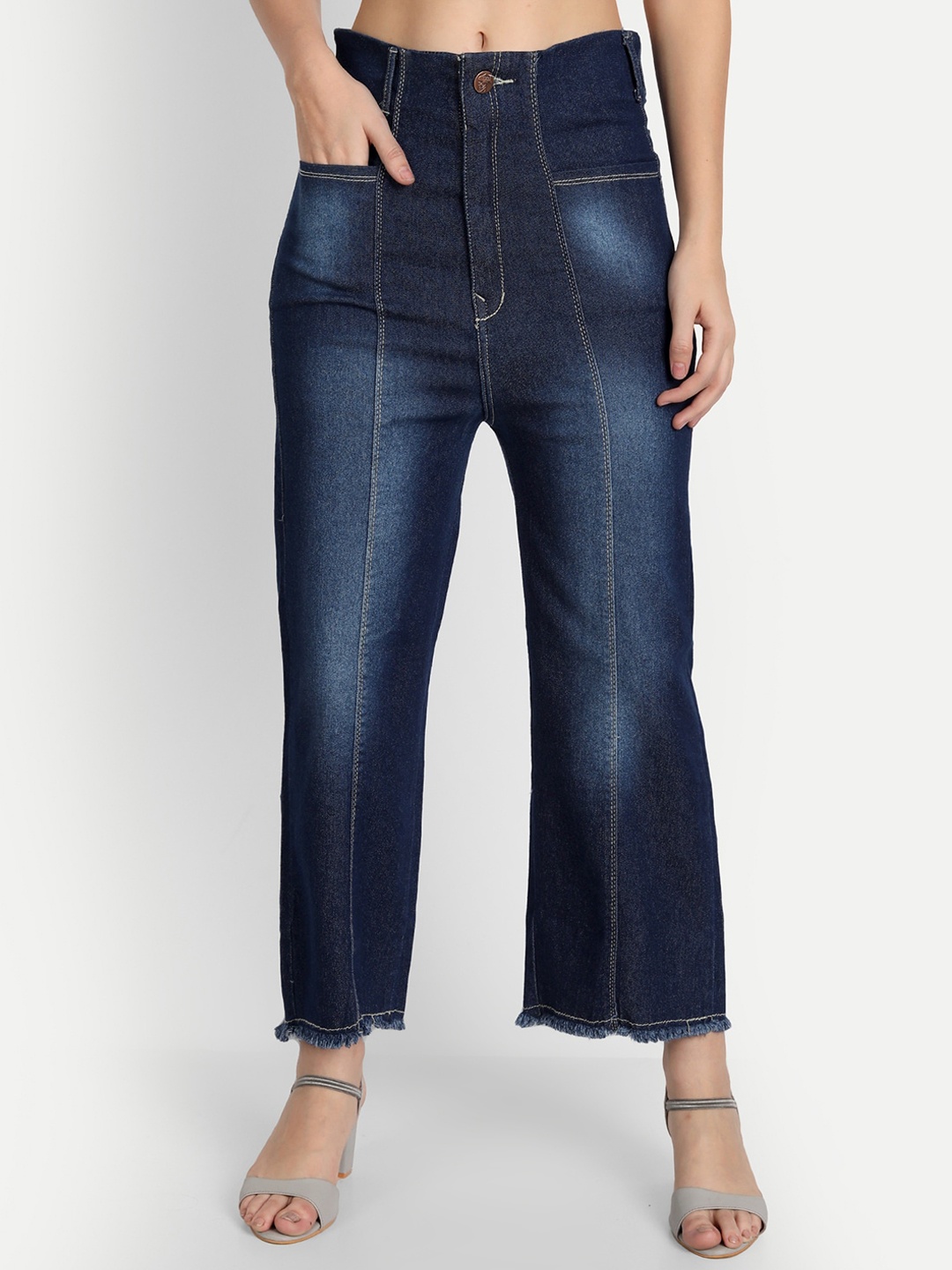 

AngelFab Women Relaxed Fit Mid-Rise Light Fade Cotton Jeans, Navy blue
