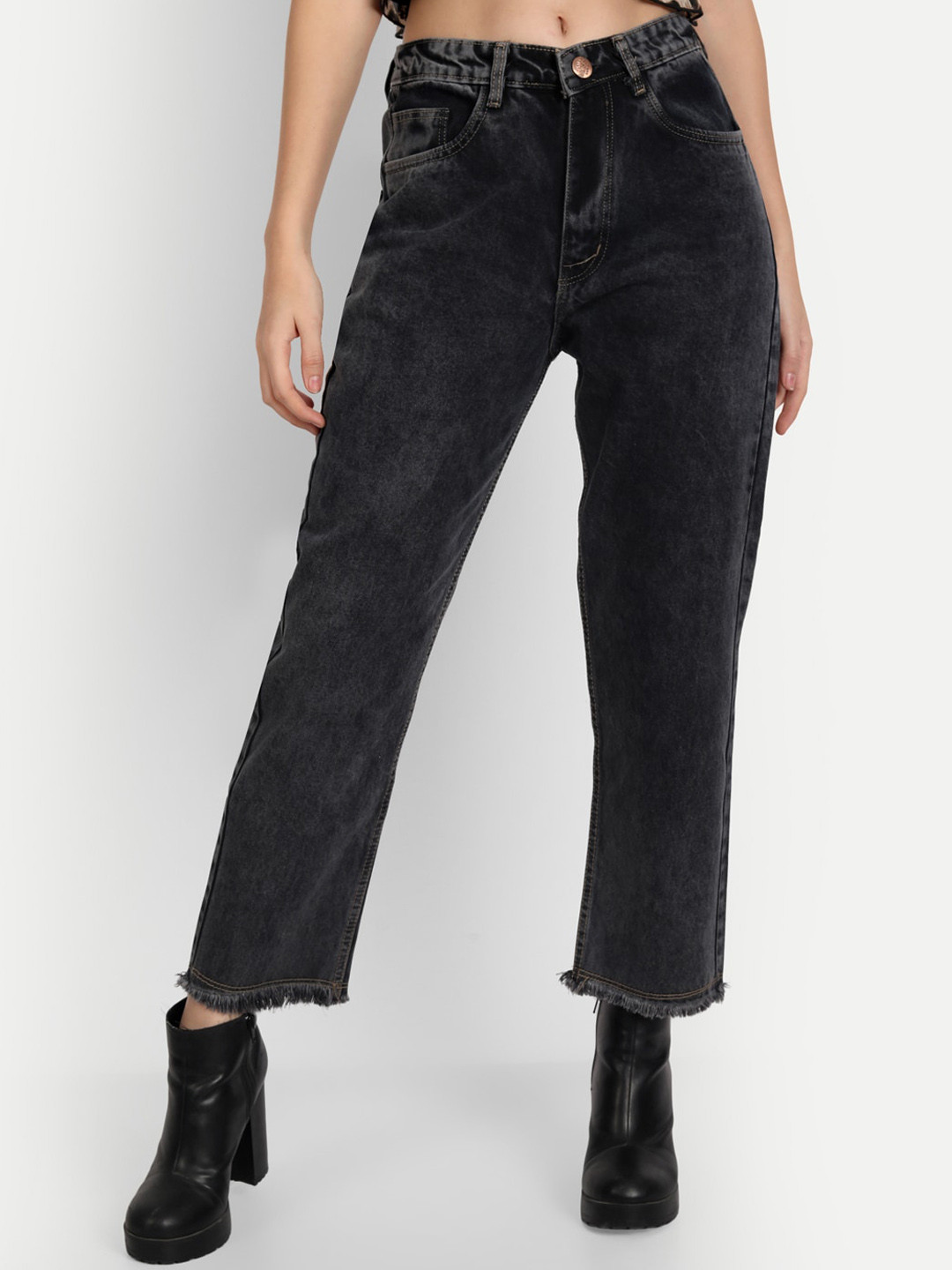

AngelFab Women Jean Straight Fit Mid-Rise Jeans, Black