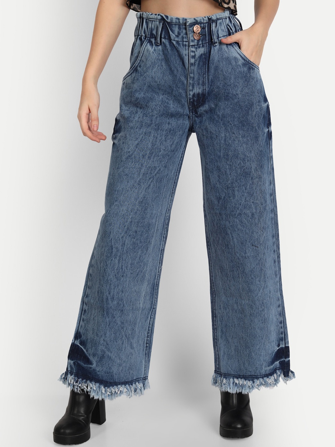 

AngelFab Women Jean Wide Leg Heavy Fade Jeans, Blue