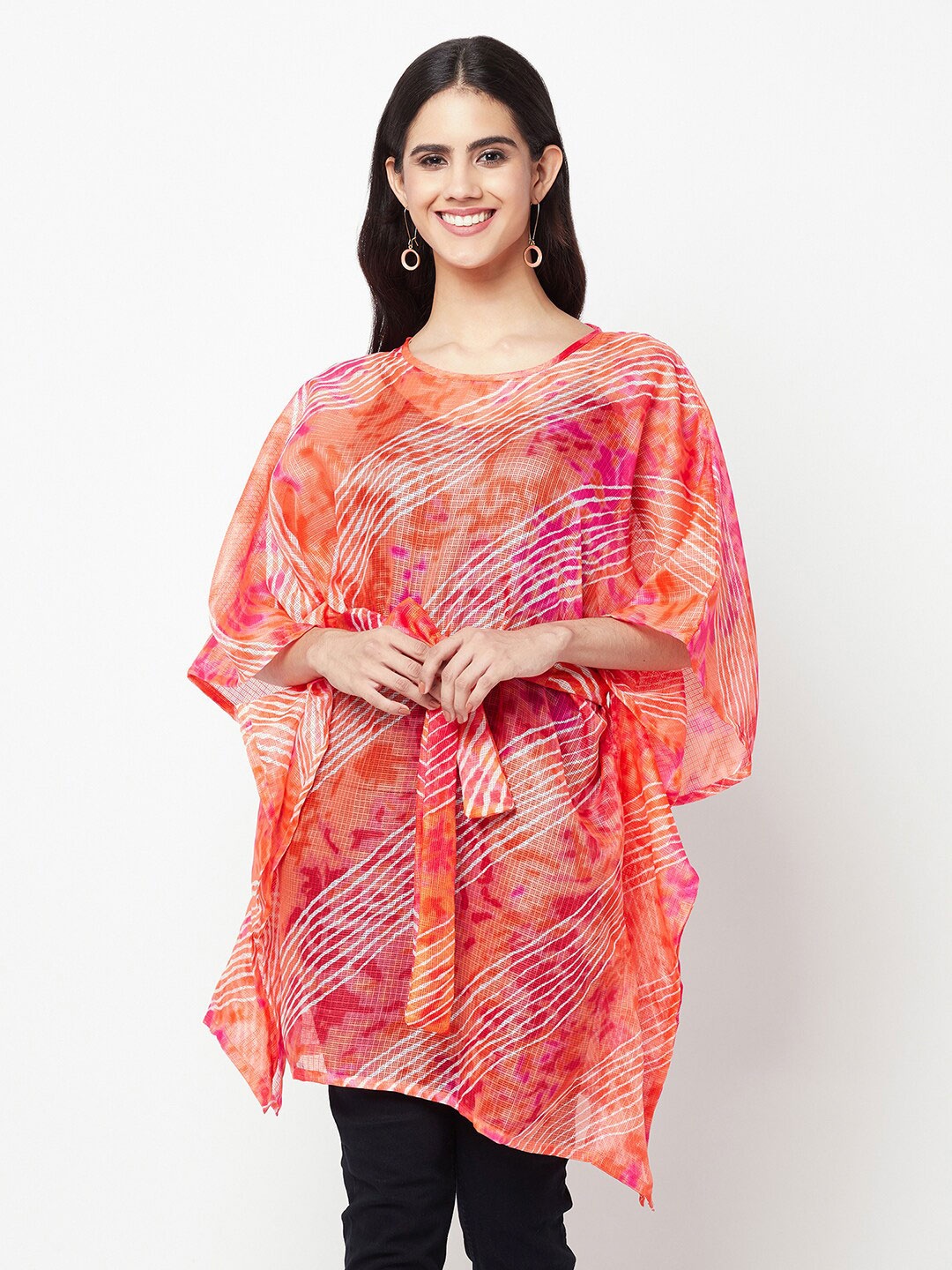 

La Vastraa Leheriya Printed Cotton Kaftan Longline Top, Peach