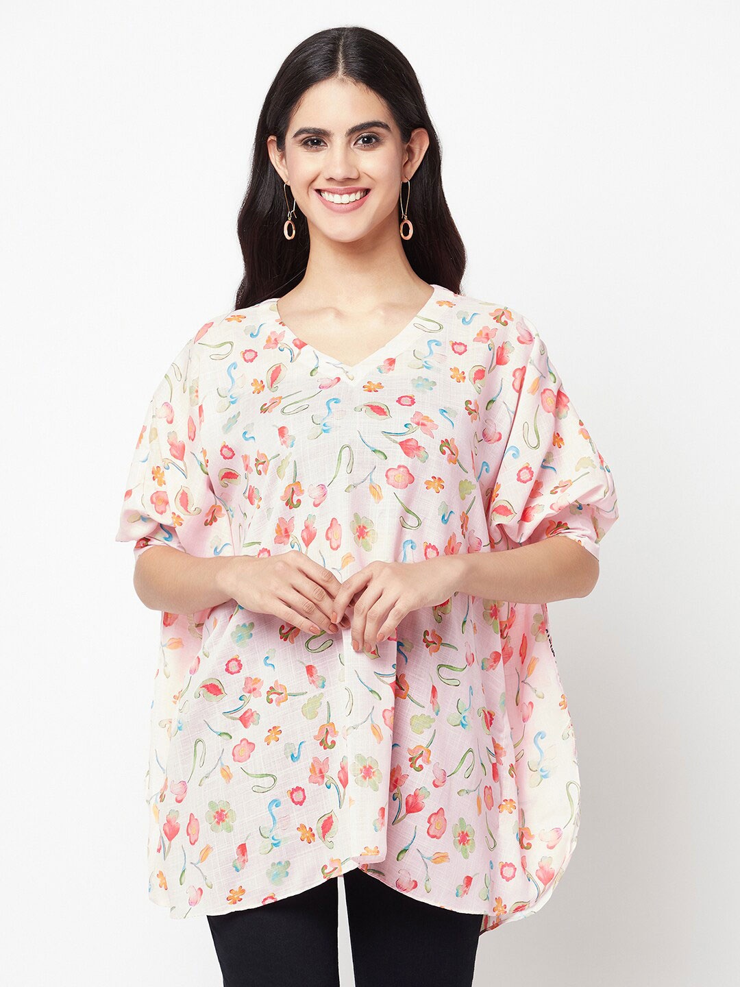 

La Vastraa Floral Printed V-Neck Kaftan Kurti, Pink