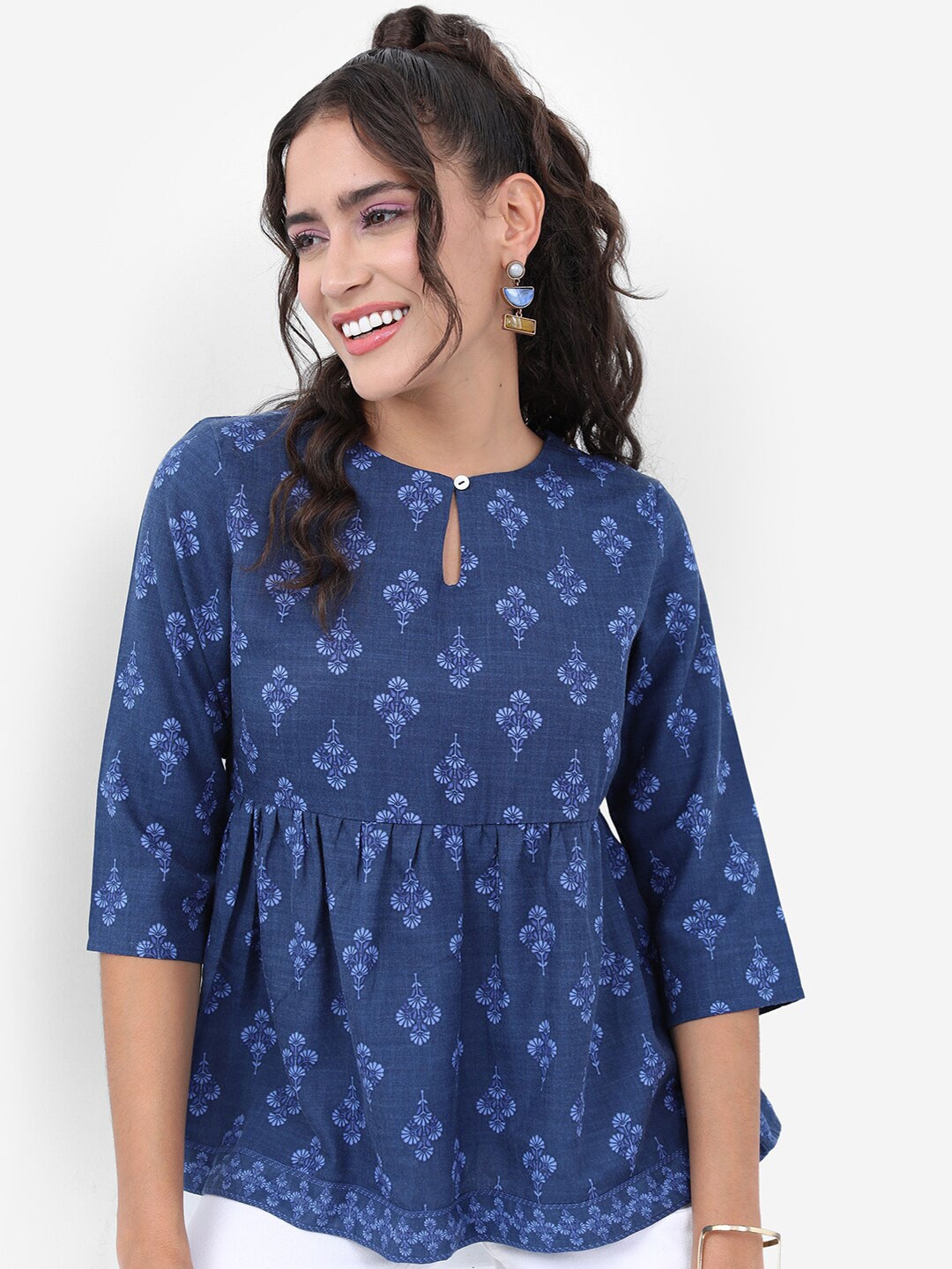 

KETCH Floral Printed Keyhole Neck Gathered A-Line Top, Navy blue