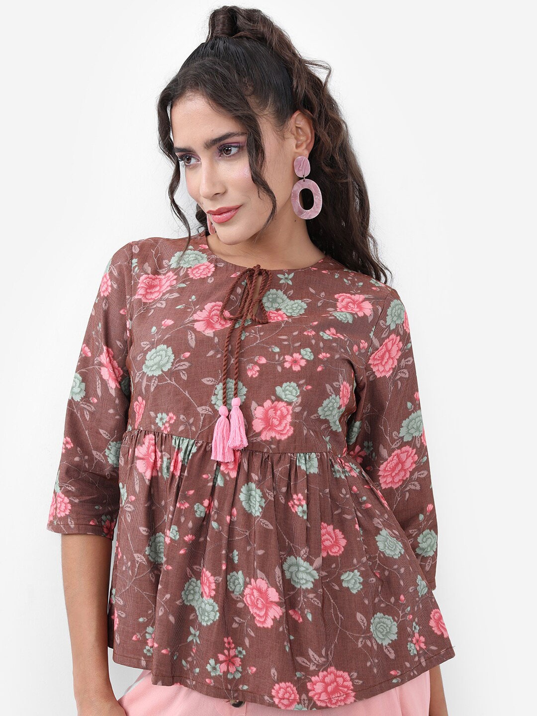 

KETCH Floral Printed Peplum Top, Brown