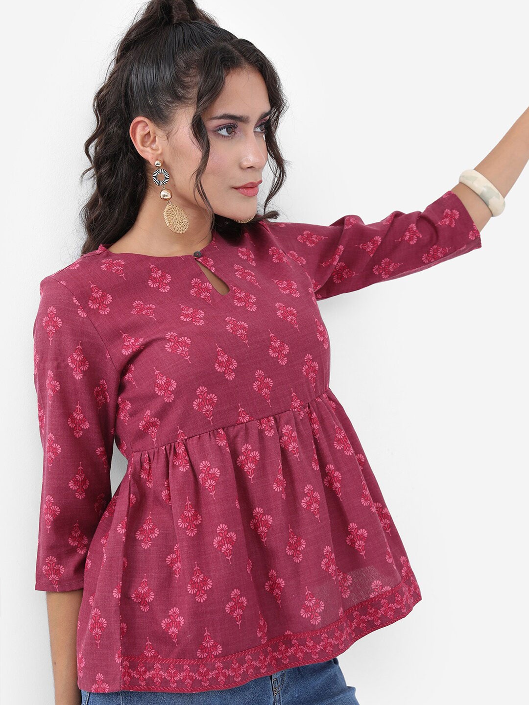 

KETCH Floral Printed Keyhole Neck A-Line Top, Burgundy