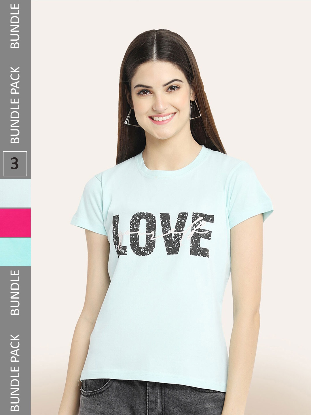 

BAESD Women Pack of 3 Typography Printed Cotton T-shirts, Blue