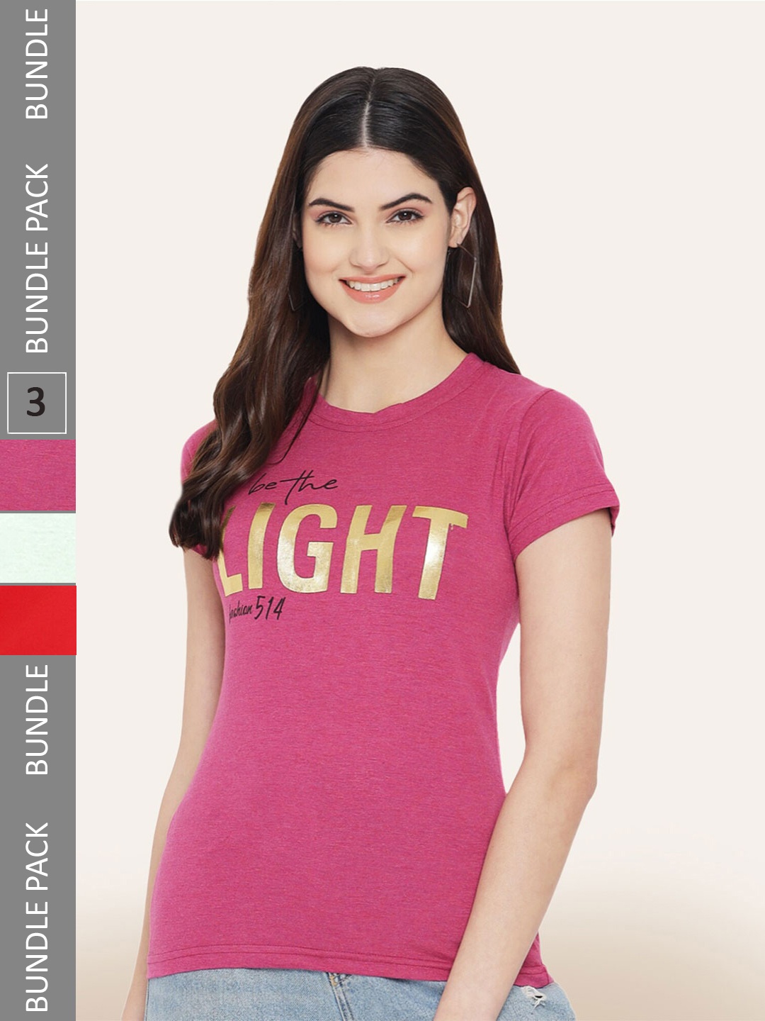 

BAESD Pack Of 3 Typography Printed Cotton T-shirt, Pink