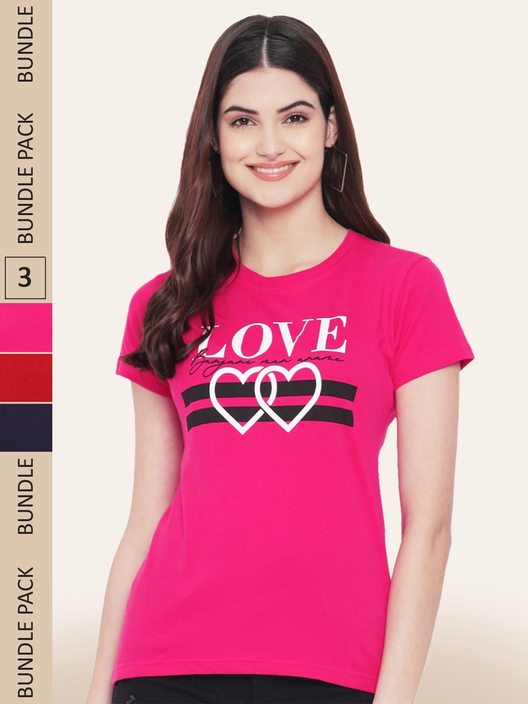 

BAESD Pack of 3 Typography Printed T-Shirts, Pink