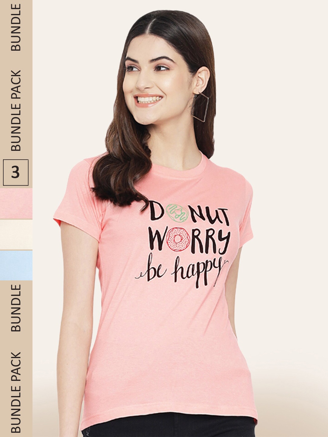BAESD Pack Of 3 Printed Round Neck Cotton T-Shirts, Pink