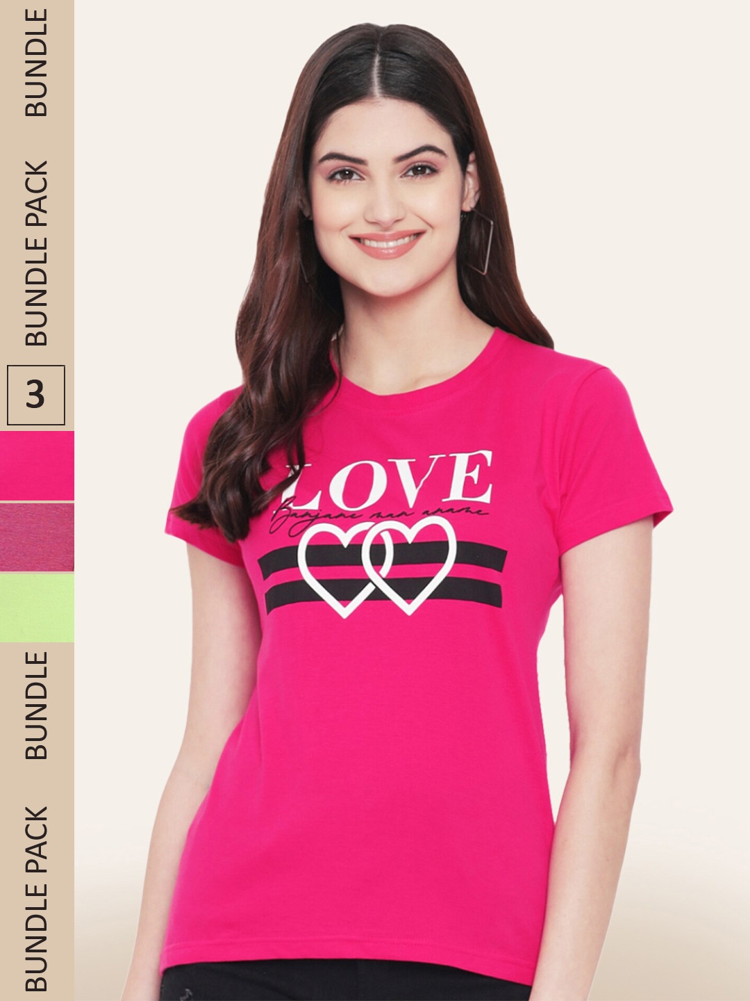 

BAESD Women Pack of 3 Typography Printed Cotton T-shirts, Pink