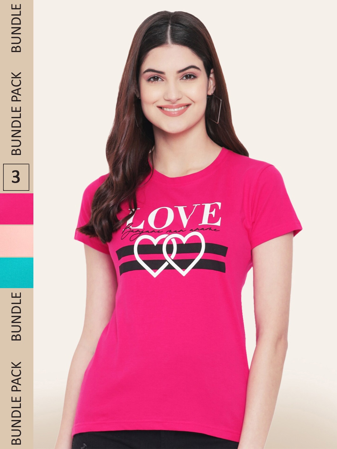 

BAESD Pack of 3 Typography Printed Cotton T-shirt, Pink