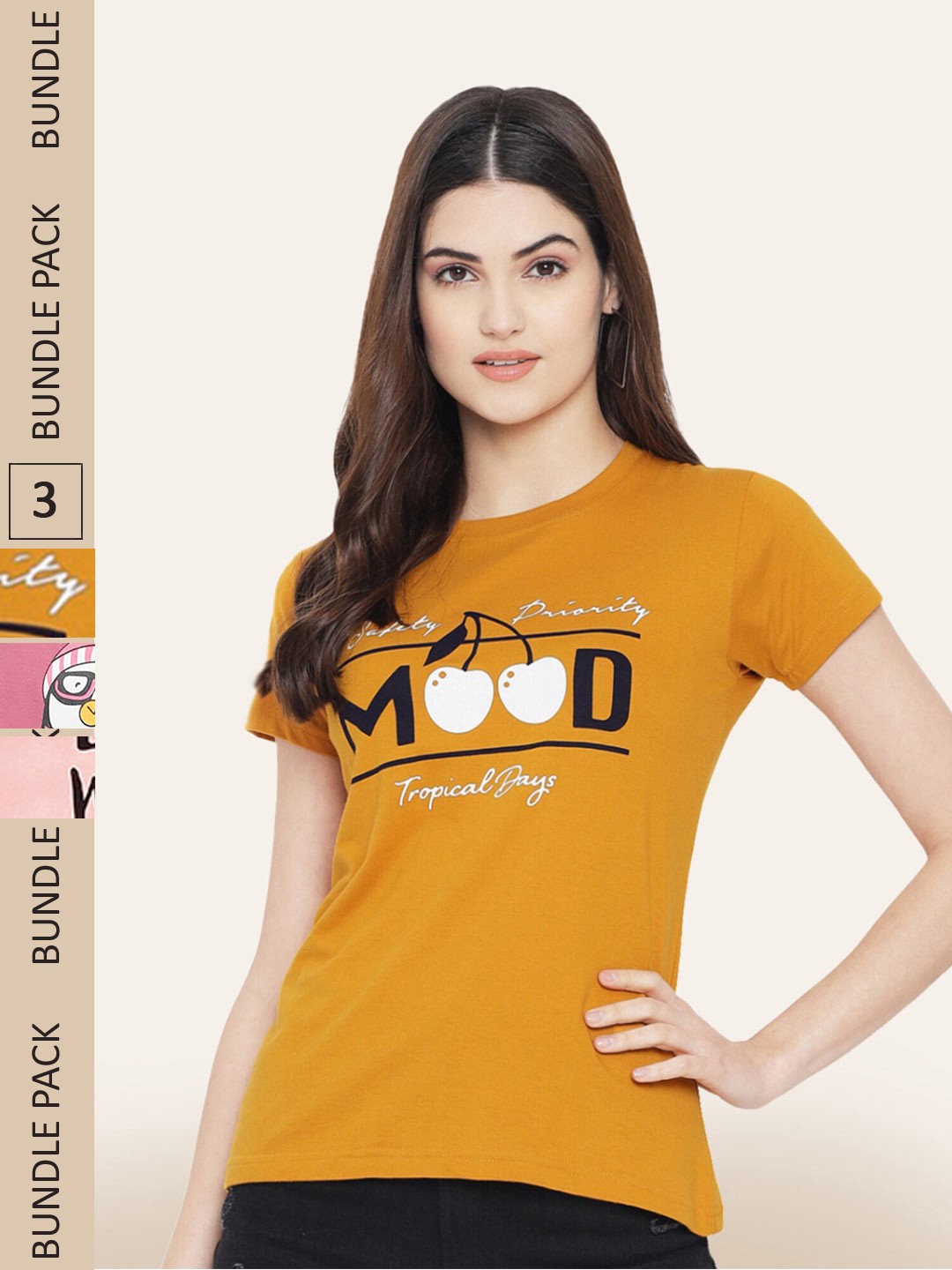 

BAESD Pack Of 3 Printed Cotton T-shirts, Mustard