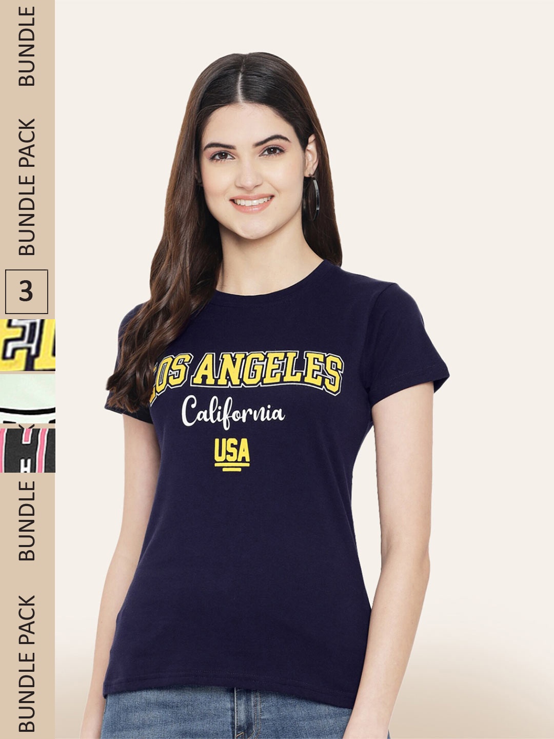 

BAESD Women Pack Of 3 Printed Cotton T-shirt, Navy blue