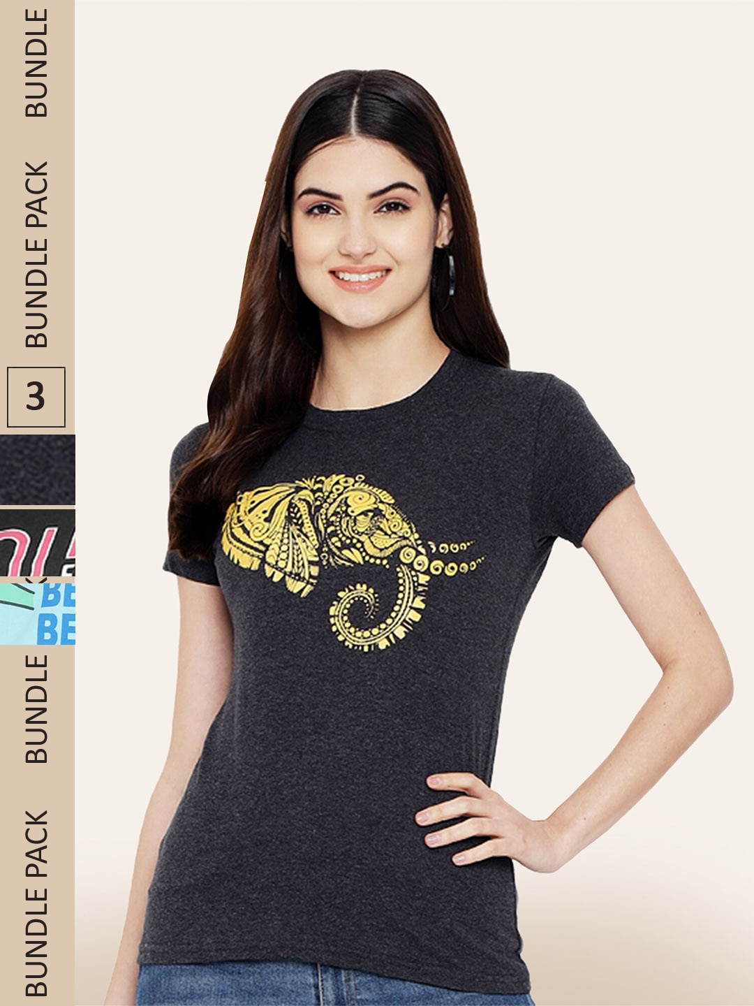 

BAESD Pack Of 3 Printed Cotton T-shirt, Charcoal