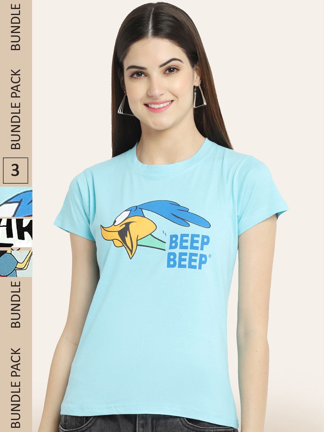 

BAESD Women Pack of 3 Printed Cotton T-shirts, Blue