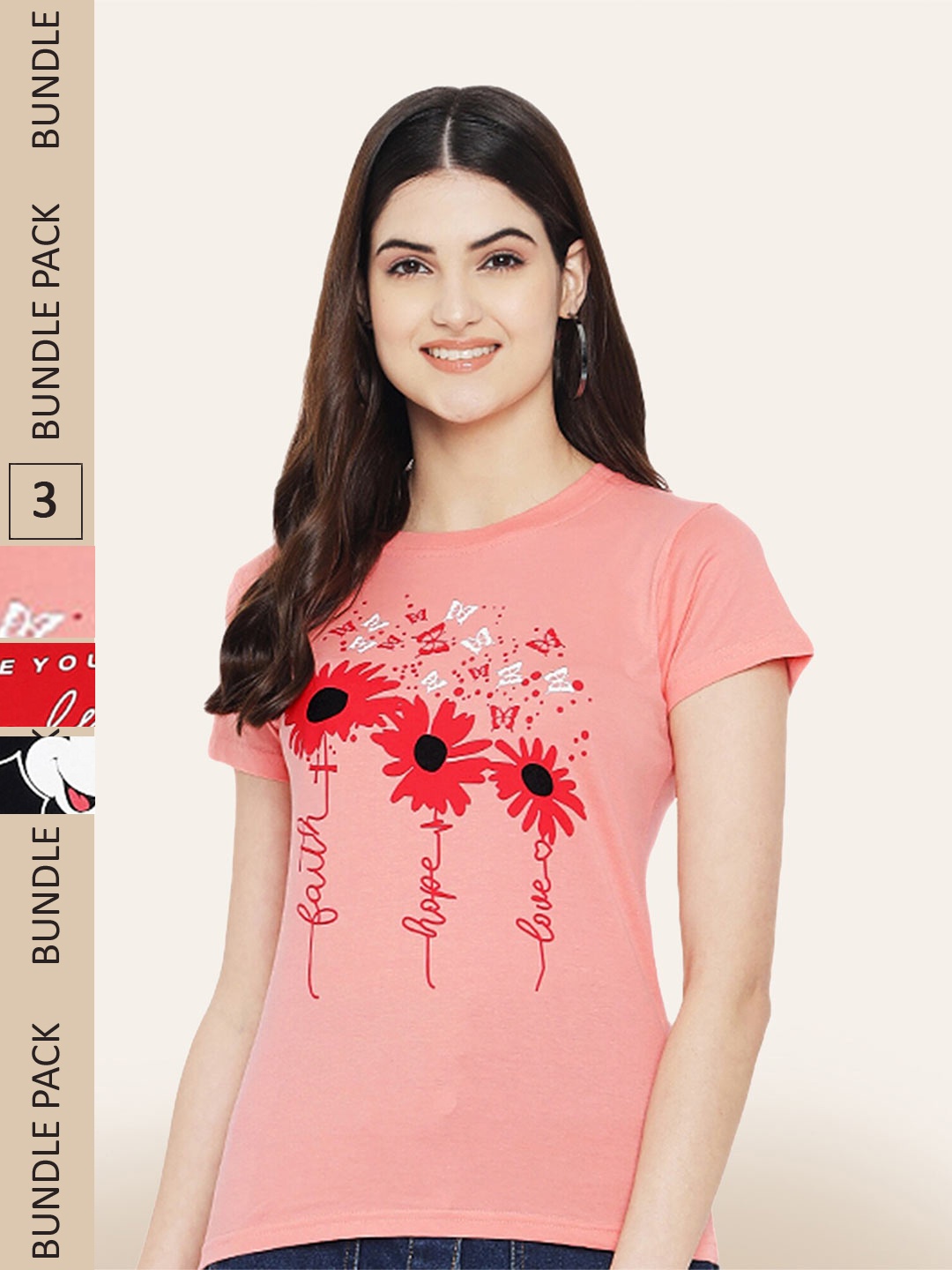 BAESD Pack Of 3 Typography Printed Cotton T-shirt, Peach