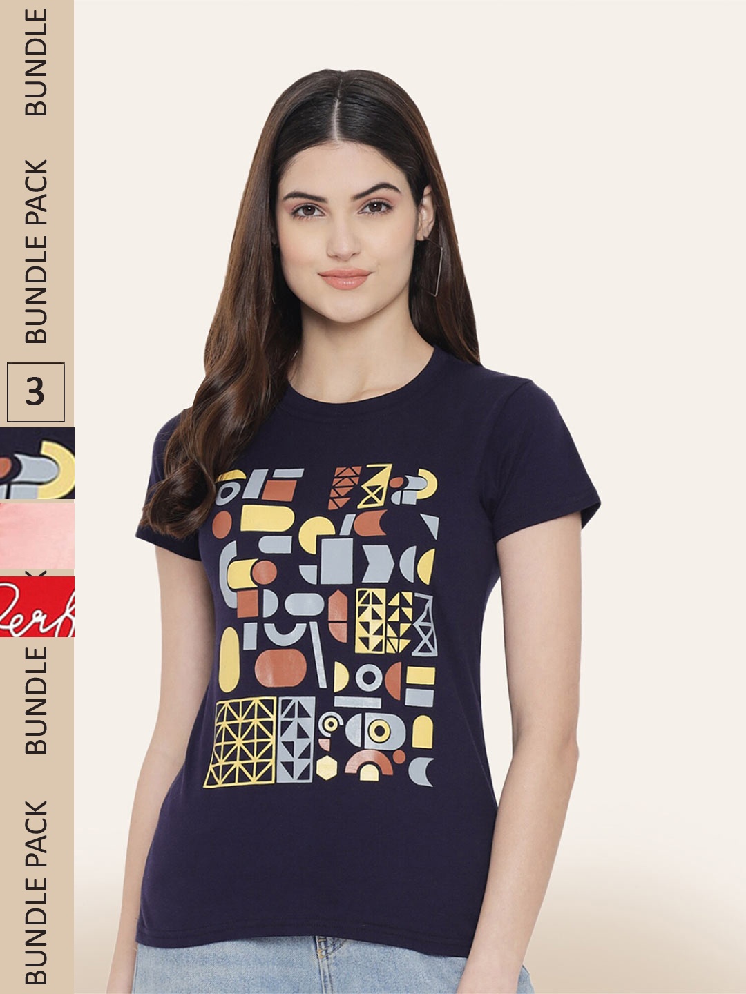 

BAESD Pack Of 3 Printed Cotton T-shirt, Navy blue