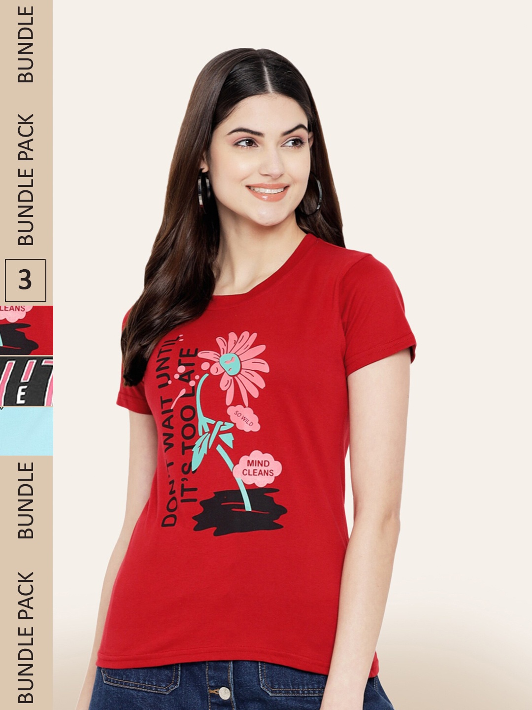 

BAESD Pack Of 3 Typography Printed Round Neck Cotton T-shirt, Red