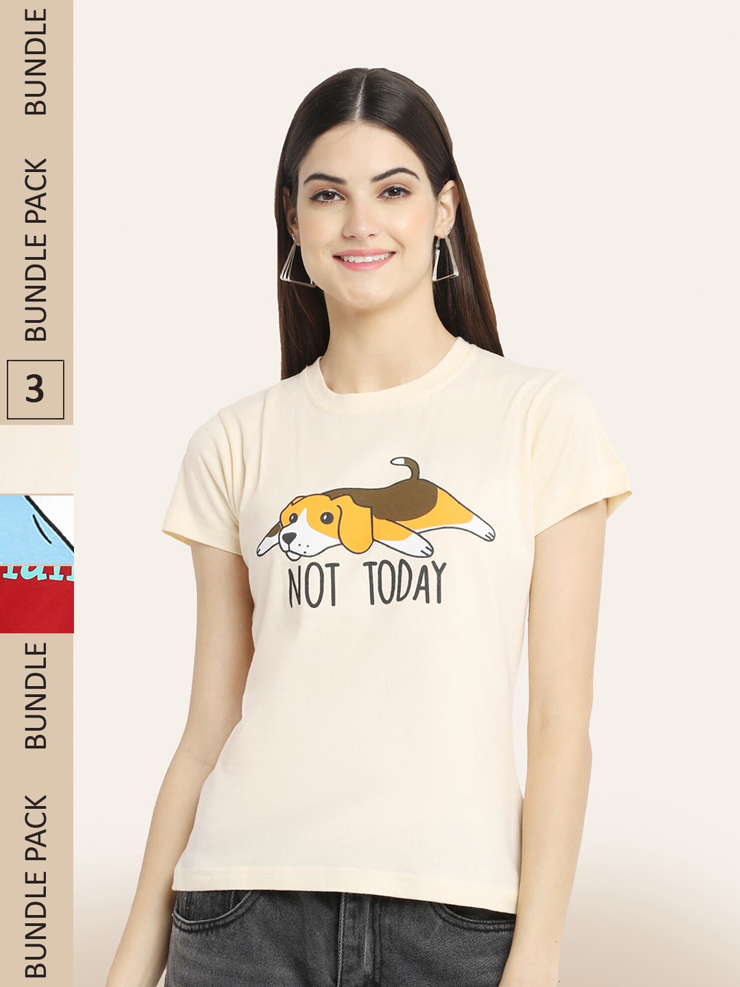 

BAESD Pack Of 3 Printed Round Neck Cotton T-shirts, Cream