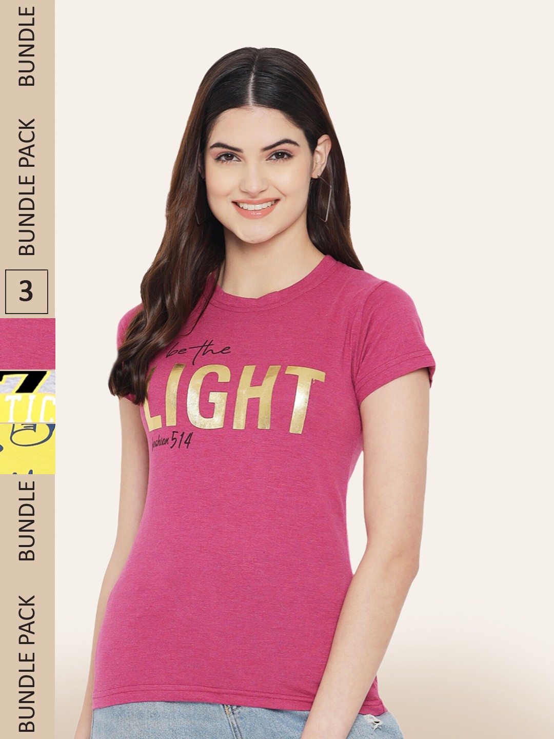 

BAESD Pack Of 3 Printed Cotton T-shirt, Pink