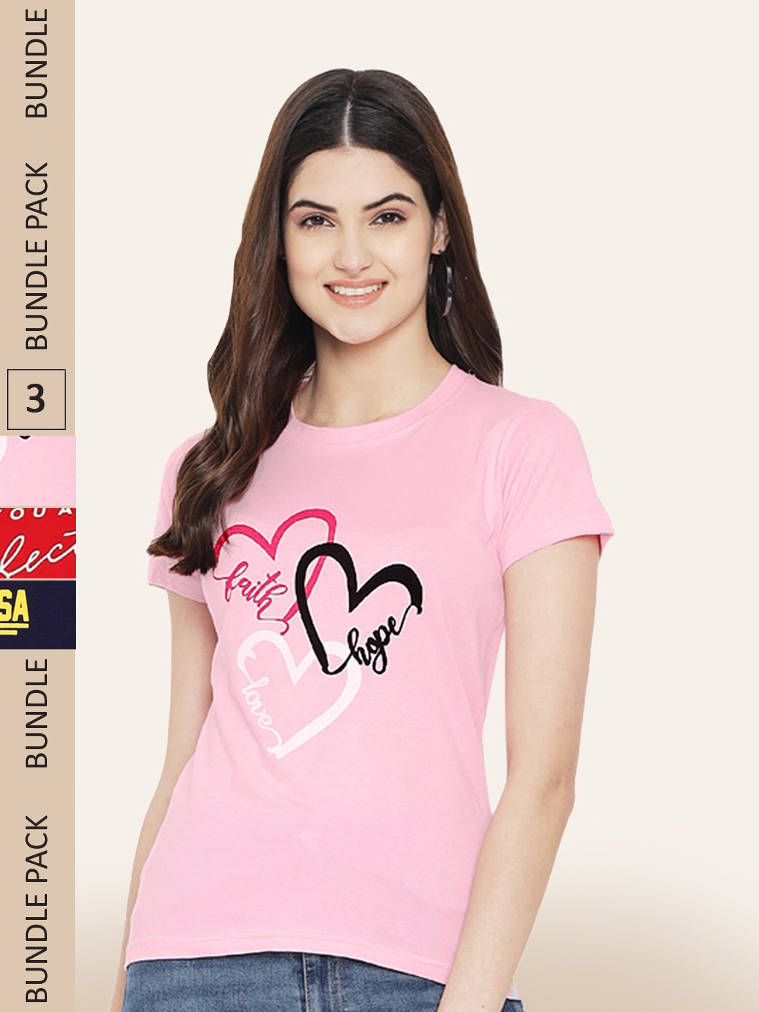 BAESD Pack Of 3 Typography Printed Cotton T-shirts, Pink