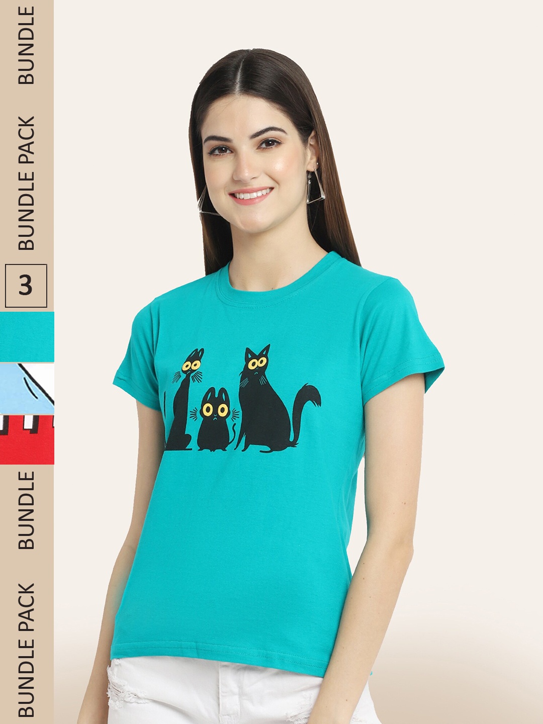 

BAESD Women Pack Of 3 Printed Cotton T-shirt, Blue