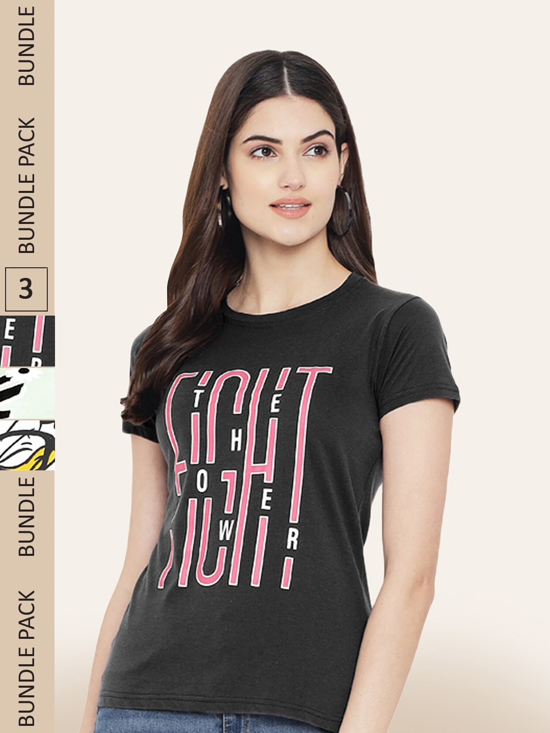 

BAESD Women Pack Of 3 Printed Cotton T-shirt, Black