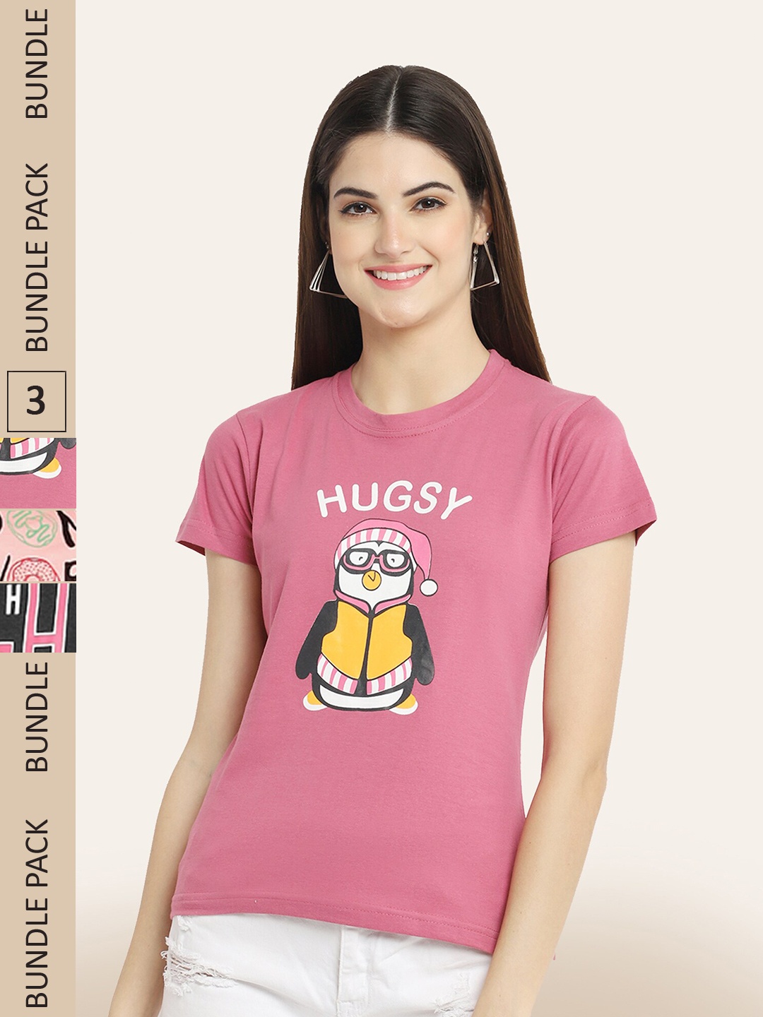 

BAESD Pack Of 3 Printed Cotton T-shirt, Pink
