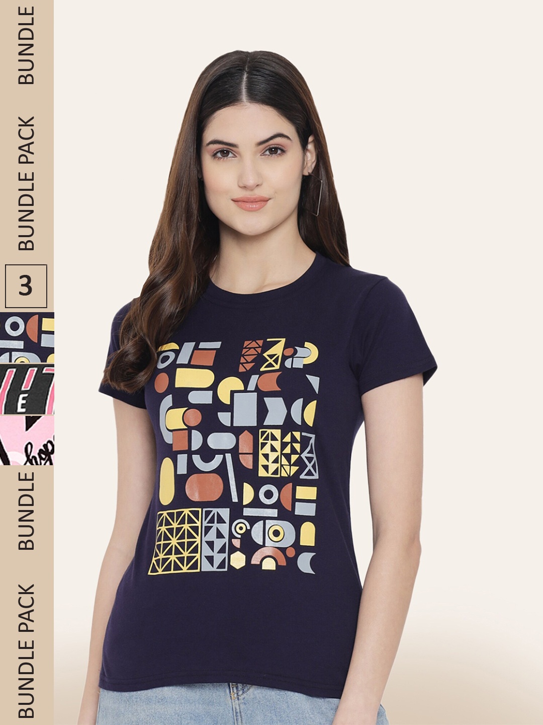 

BAESD Women Pack Of 3 Printed Cotton T-shirt, Navy blue