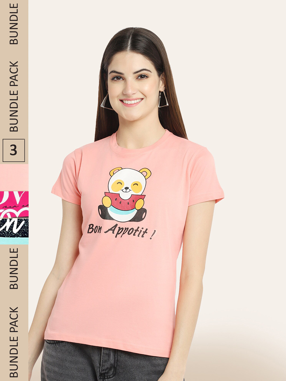 

BAESD Pack of 3 Typography Printed T-Shirts, Peach