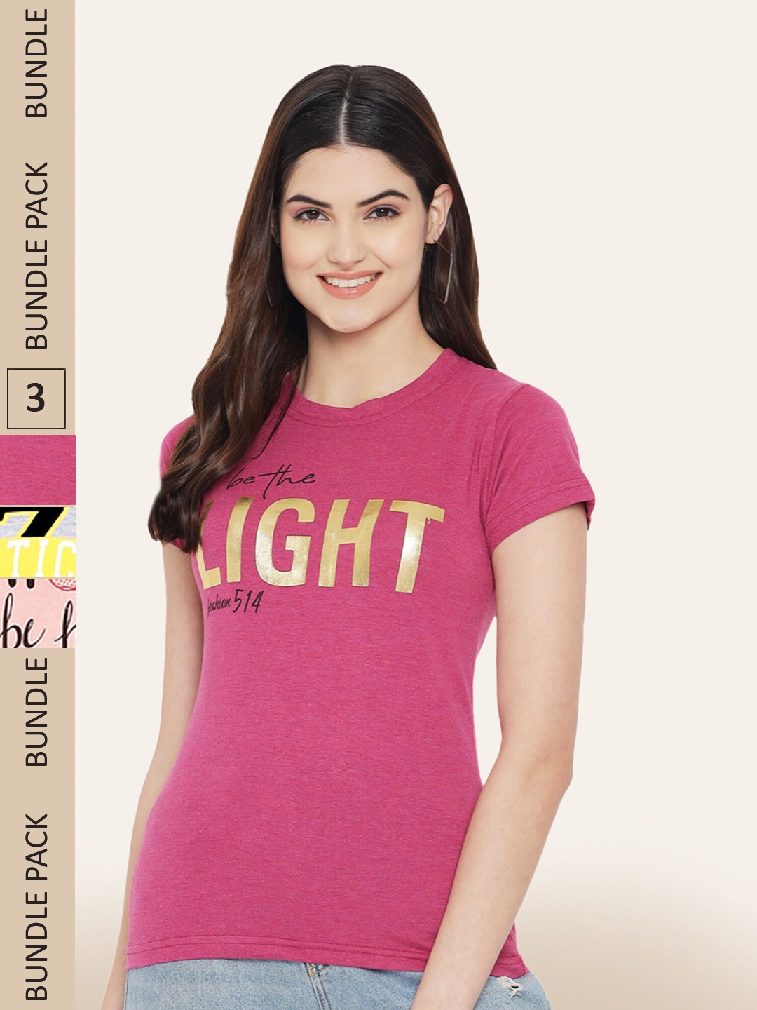 

BAESD Pack Of 3 Printed Cotton T-shirts, Pink