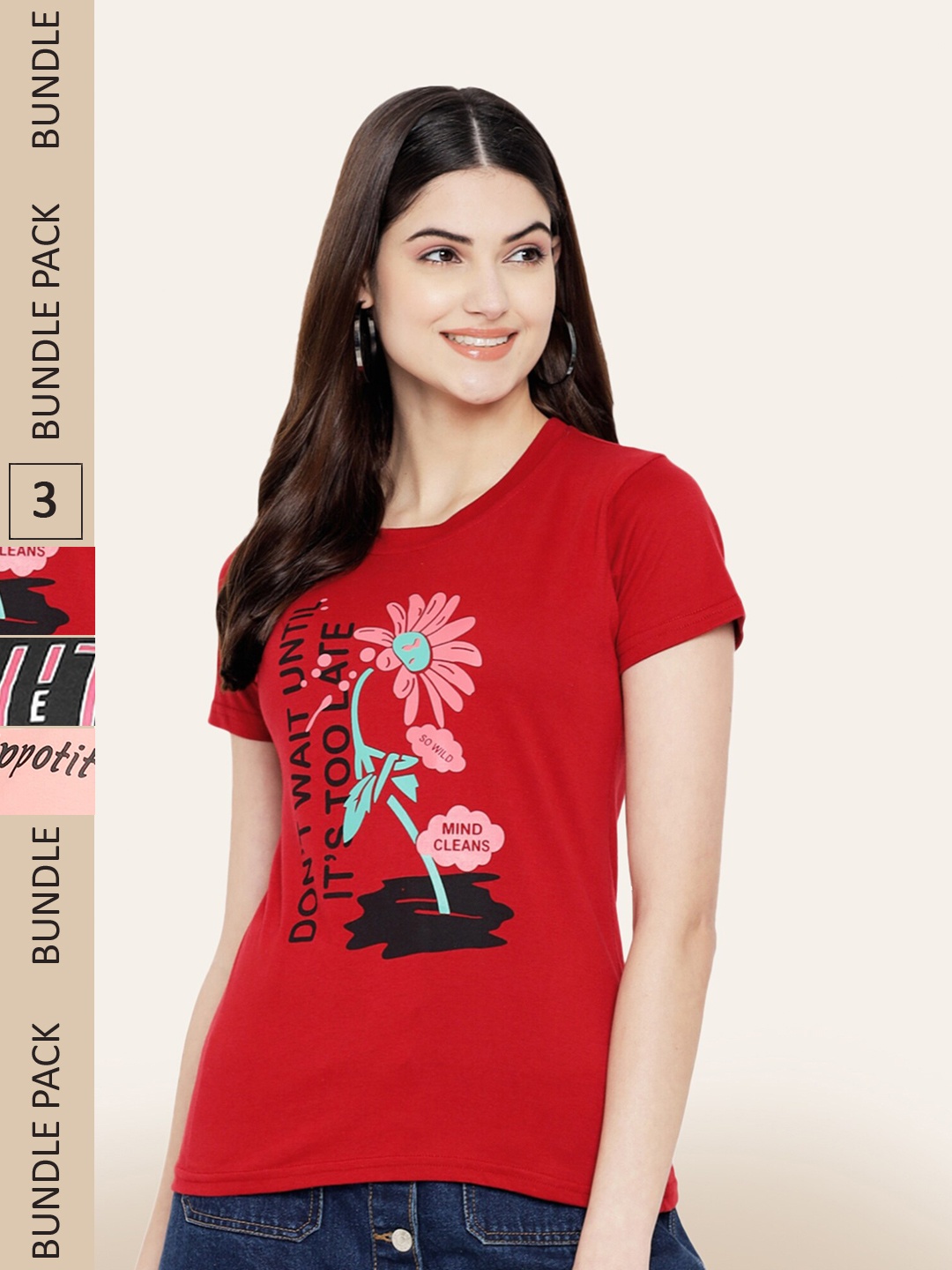 

BAESD Pack Of 3 Printed Cotton T-shirt, Red