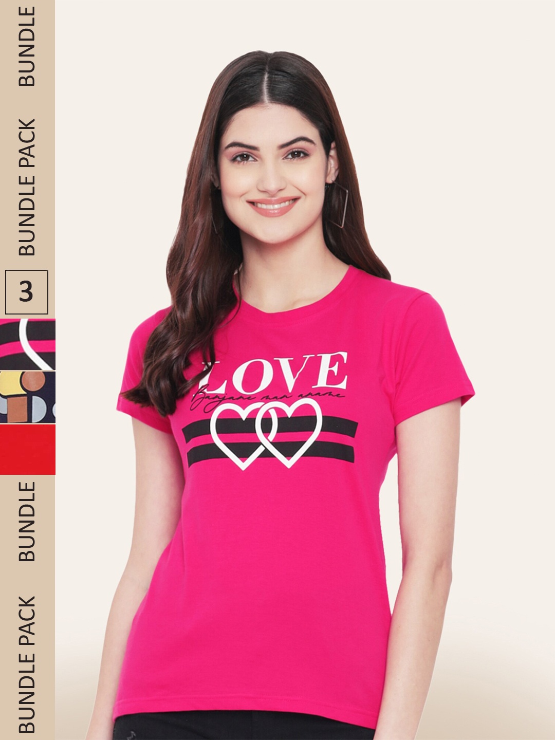 BAESD Pack Of 3 Typography Printed Cotton T-shirt, Pink