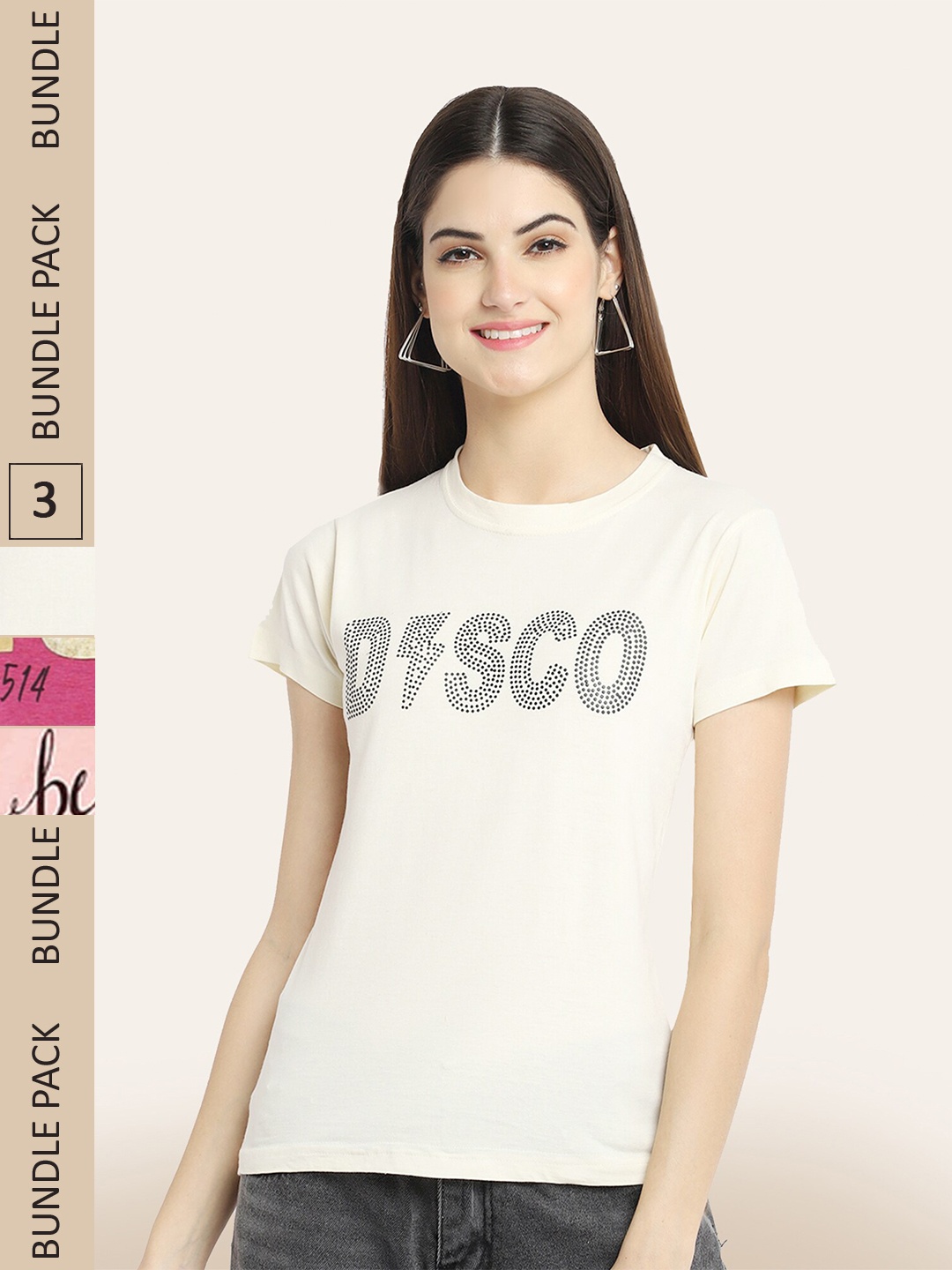 

BAESD Pack of 3 Typography Printed Cotton T-shirts, Cream